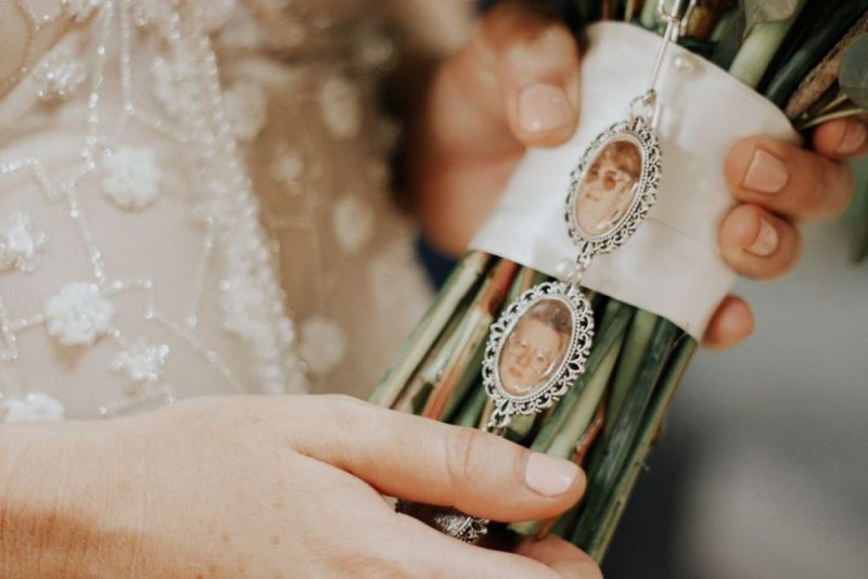 Bridal bouquet featuring photos of family