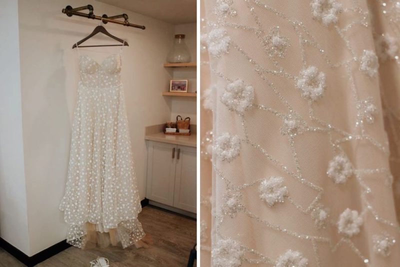 Amanda's wedding dress hanging up alongside a close up of the fabric